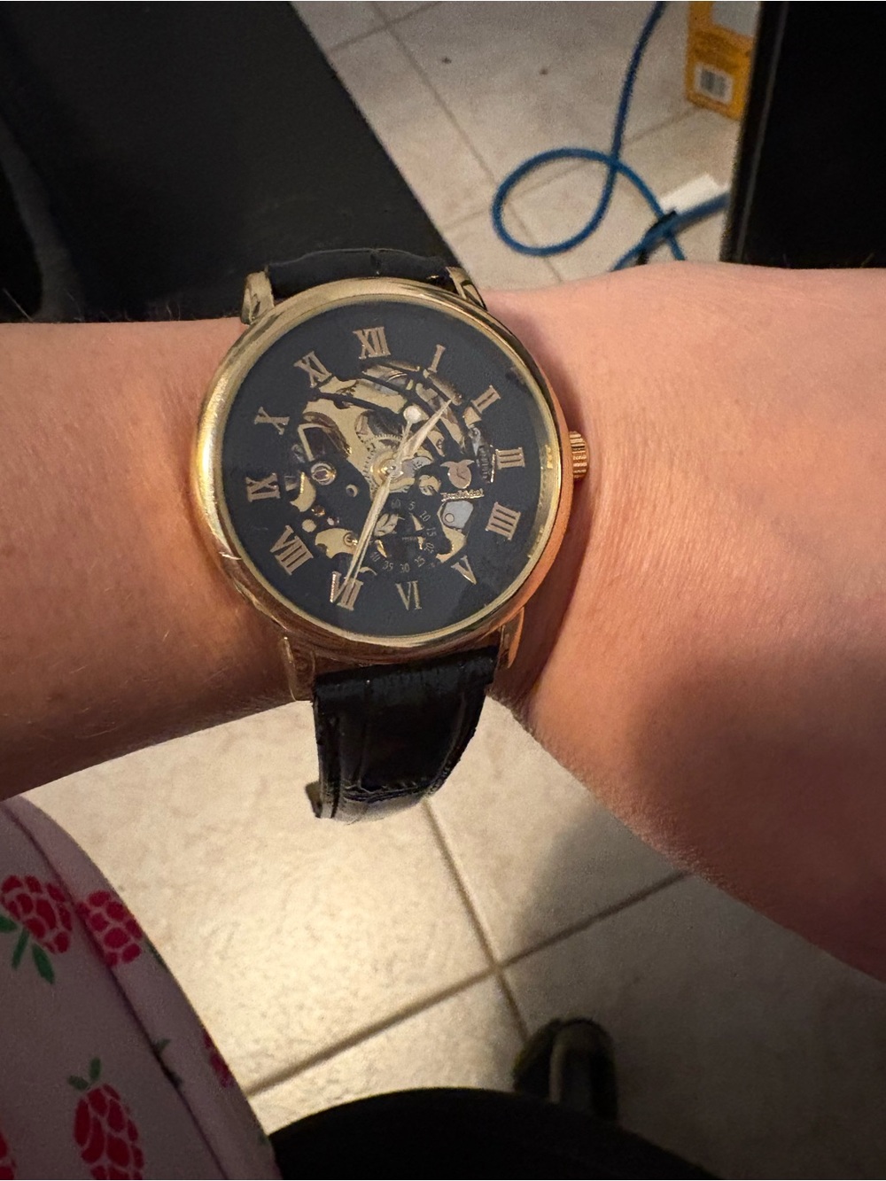 Women’s Gold-Tone Skeleton Watch with Black Strap